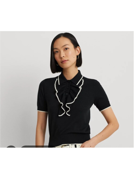 Lauren Ralph Lauren Sweaters - Lauren Ralph Lauren Black Label Ruffle Trim Polo Sweater In Black Women's Sz 1X